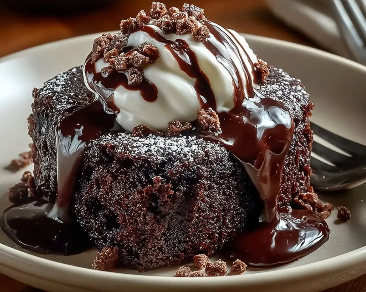 Hot fudge chocolate pudding cake with a rich chocolate layer and gooey texture.