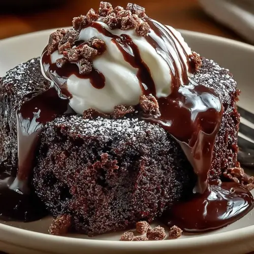 Hot fudge chocolate pudding cake with a rich chocolate layer and gooey texture.
