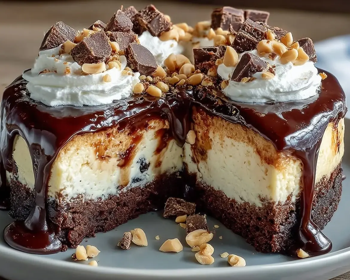 Hot Fudge Sundae Brownie Cheesecake topped with fudge and whipped cream