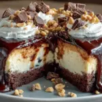 Hot Fudge Sundae Brownie Cheesecake topped with fudge and whipped cream