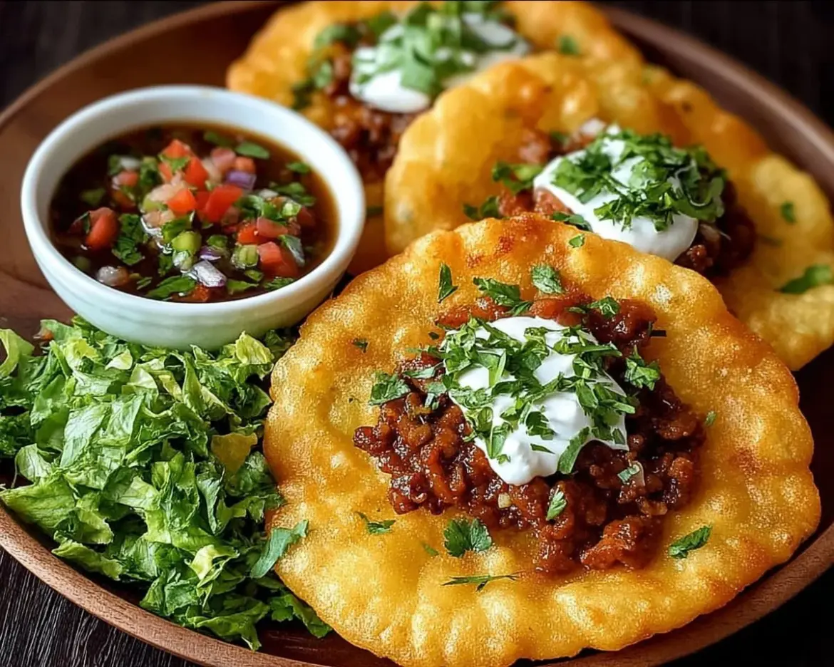 Delicious Indian fry bread tacos served with fresh toppings and ingredients.