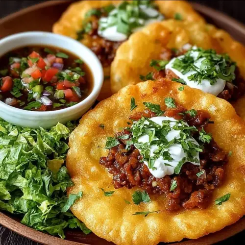 Delicious Indian fry bread tacos served with fresh toppings and ingredients.
