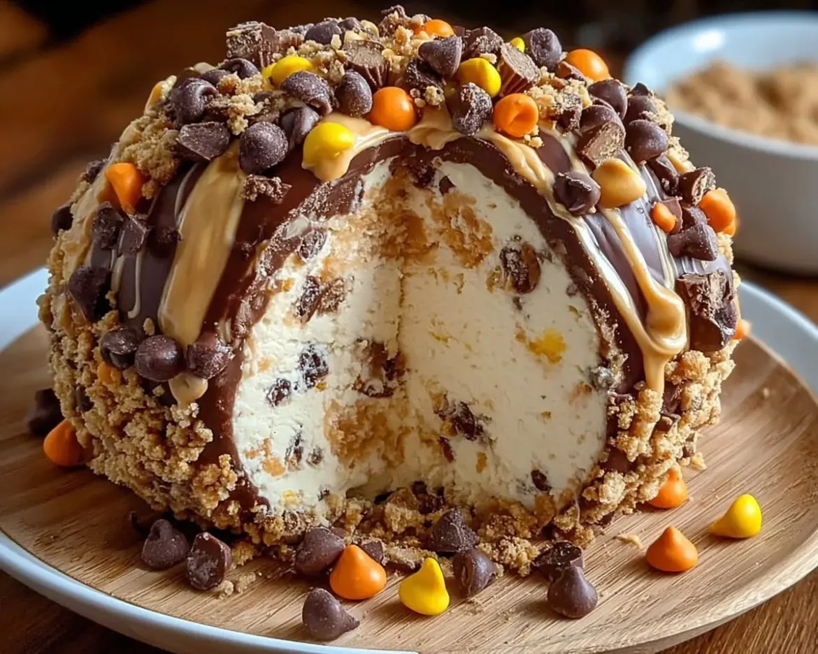 Indulgent Reese’s cheese ball topped with chocolate and peanuts.