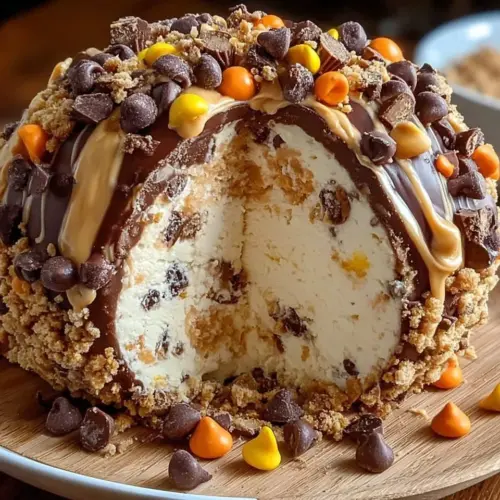 Indulgent Reese’s cheese ball topped with chocolate and peanuts.