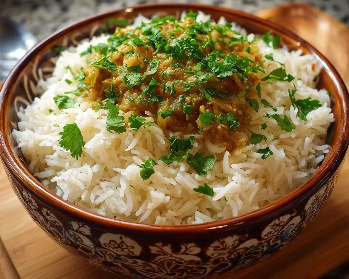 Instant Pot Basmati Rice in a bowl with herbs and spices