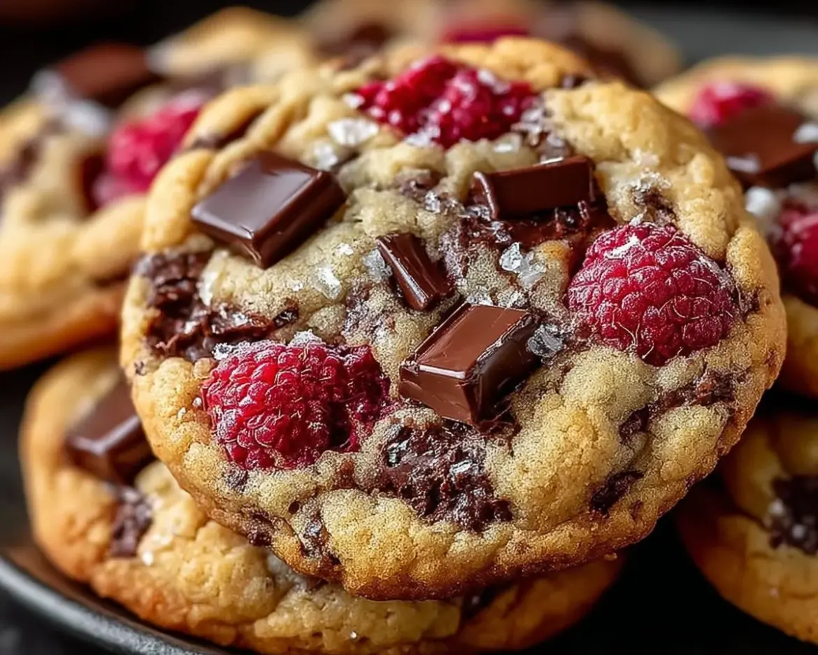 Delicious raspberry chocolate chunk cookies with chunks of chocolate and fresh raspberries.