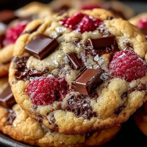 Delicious raspberry chocolate chunk cookies with chunks of chocolate and fresh raspberries.