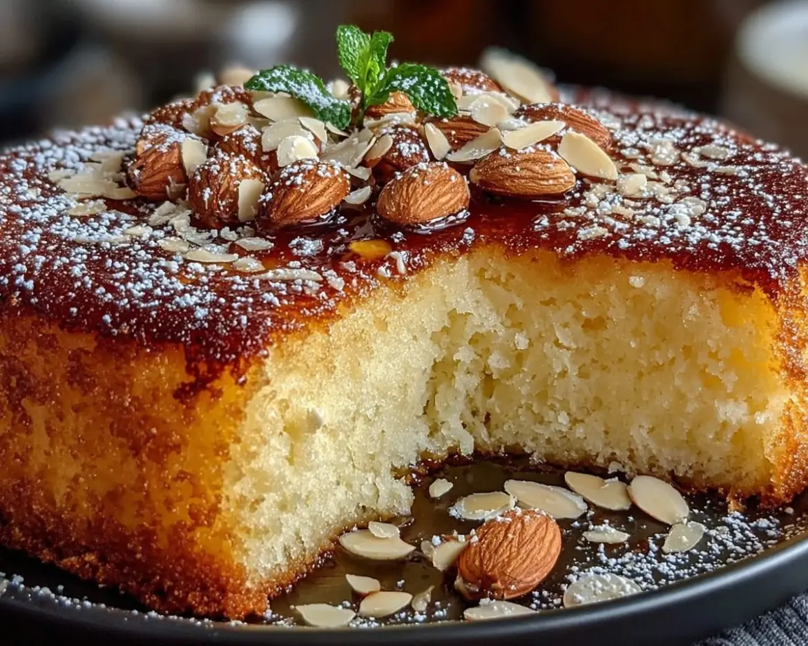 Italian Almond Ricotta Cake sliced on a plate with almonds on top