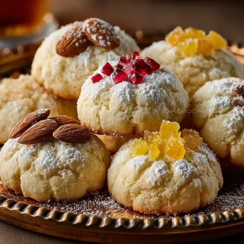 Delicious Italian Wedding Cookies dusted with powdered sugar.