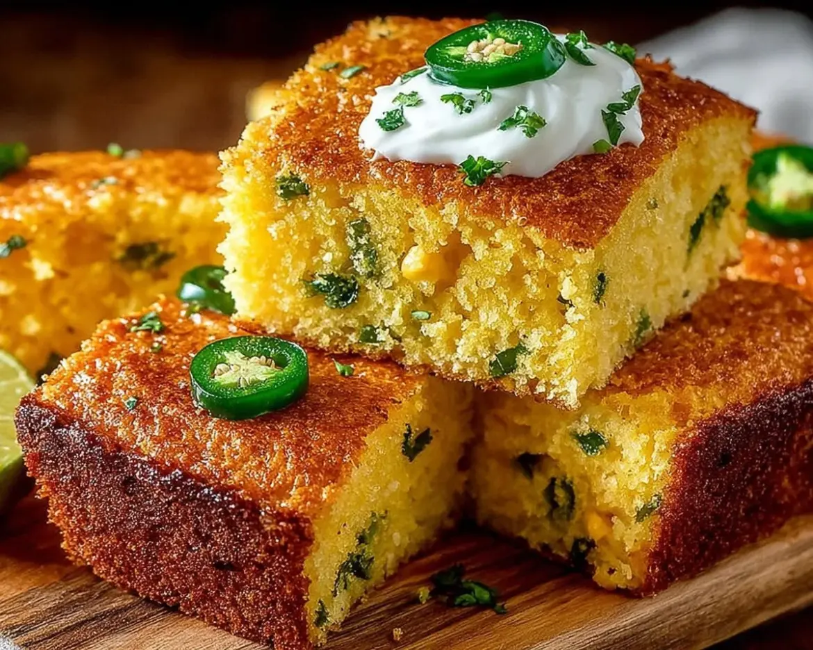 Freshly baked jalapeño cornbread served in a rustic dish