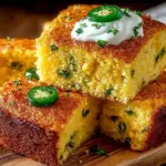 Freshly baked jalapeño cornbread served in a rustic dish