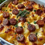 Delicious Kielbasa sausage cheesy potato casserole in a baking dish