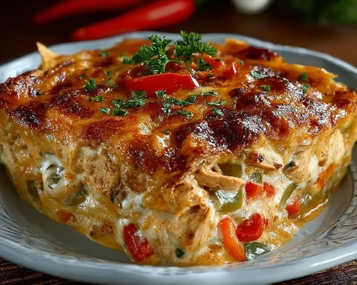 Delicious King Ranch Chicken Casserole in a baking dish, topped with melted cheese.