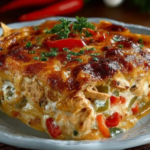 Delicious King Ranch Chicken Casserole in a baking dish, topped with melted cheese.
