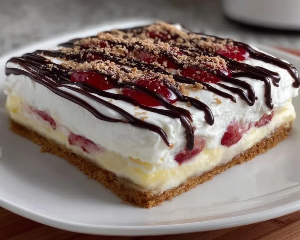 Layered banana split dessert with ice cream, fresh bananas, and toppings