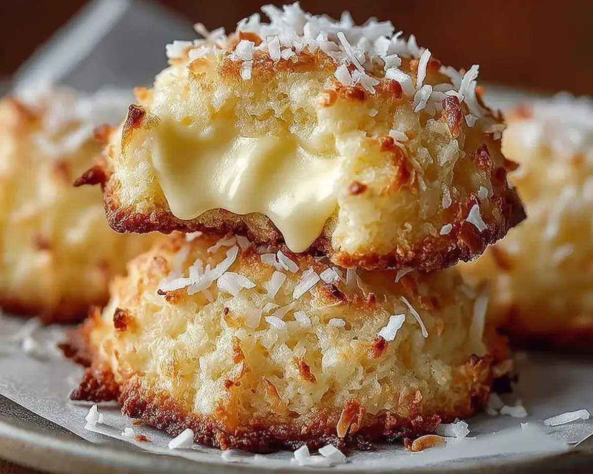 Lemon Coconut Cheesecake Cookies decorated with fresh coconut flakes