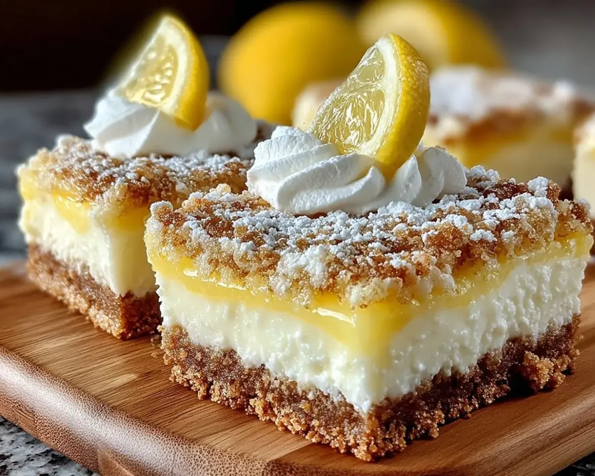 Deliciously tangy lemon cream cheese bars on a plate