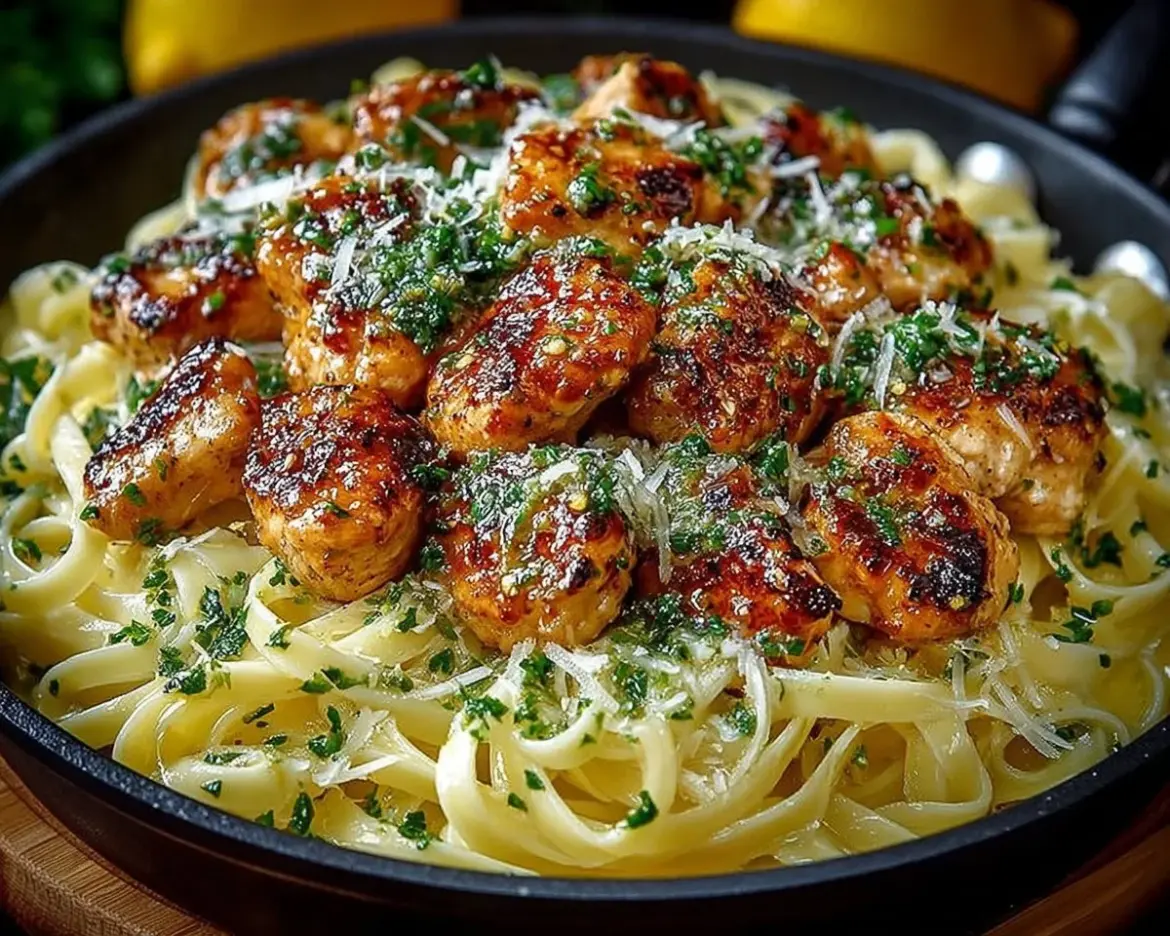 Lemon Garlic Butter Chicken Bites served with Parmesan Linguine on a plate