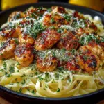 Lemon Garlic Butter Chicken Bites served with Parmesan Linguine on a plate
