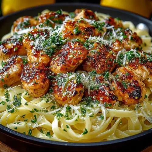Lemon Garlic Butter Chicken Bites served with Parmesan Linguine on a plate