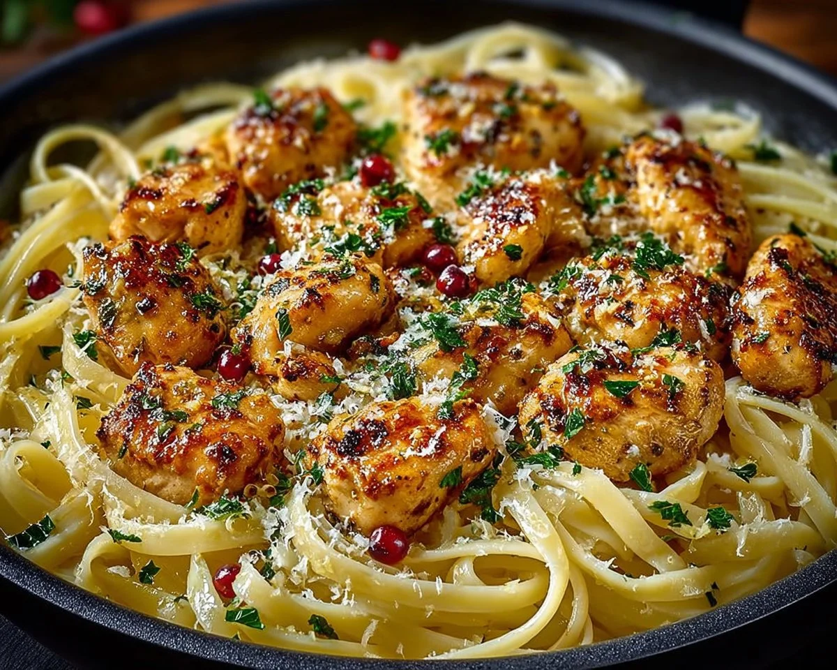 Lemon Garlic Butter Chicken Bites with Savory Parmesan Linguine