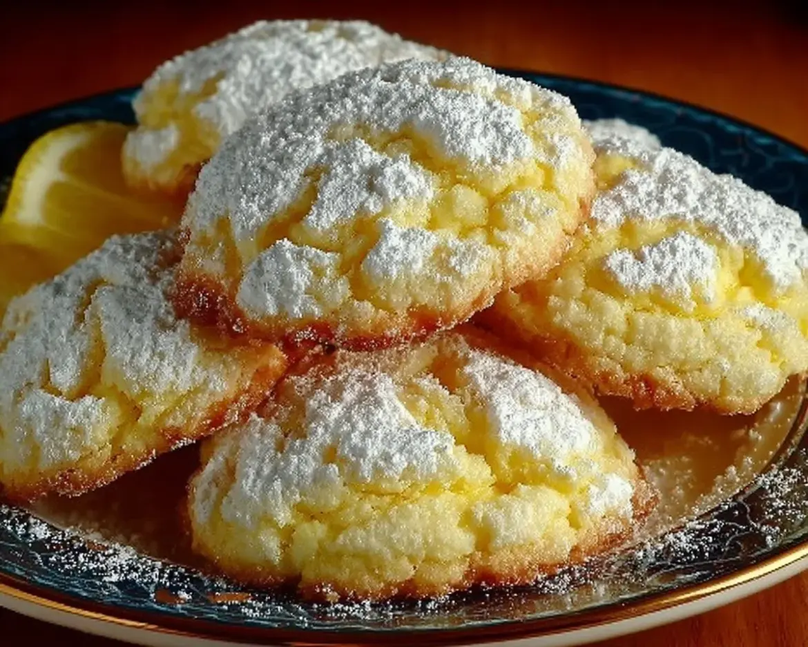 Lemon Gooey Butter Cookies on a plate, showcasing their soft and gooey texture.
