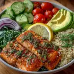Lemon Herb Salmon served in an Avocado Quinoa Bowl topped with fresh ingredients