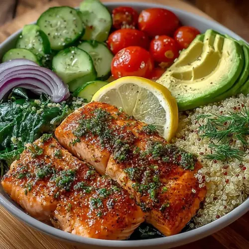 Lemon Herb Salmon served in an Avocado Quinoa Bowl topped with fresh ingredients