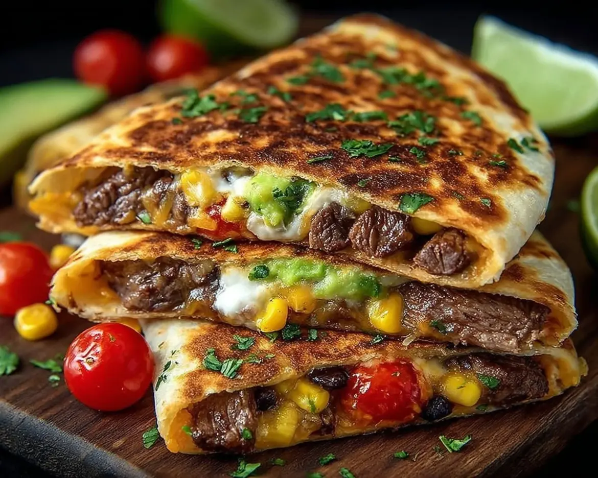 Delicious loaded steak quesadillas served with toppings on a plate
