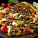Delicious loaded steak quesadillas served with toppings on a plate