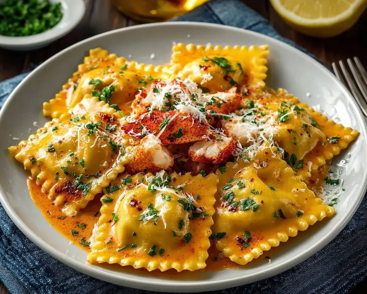 Plate of Lobster Ravioli served with sauce and garnished, showcasing rich flavors.