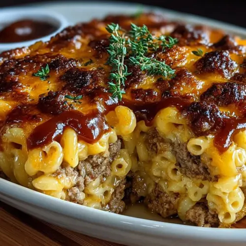 Delicious Mac and Cheese Meatloaf Casserole served in a baking dish