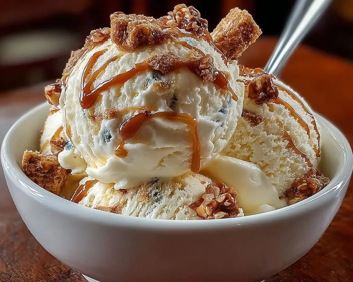 Malted Milk Toffee Crunch Ice Cream topped with crunchy toffee bits