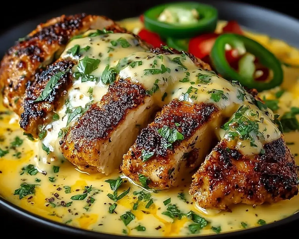 Delicious Mexican chicken topped with creamy cheese sauce in a vibrant dish.