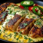 Delicious Mexican chicken topped with creamy cheese sauce in a vibrant dish.