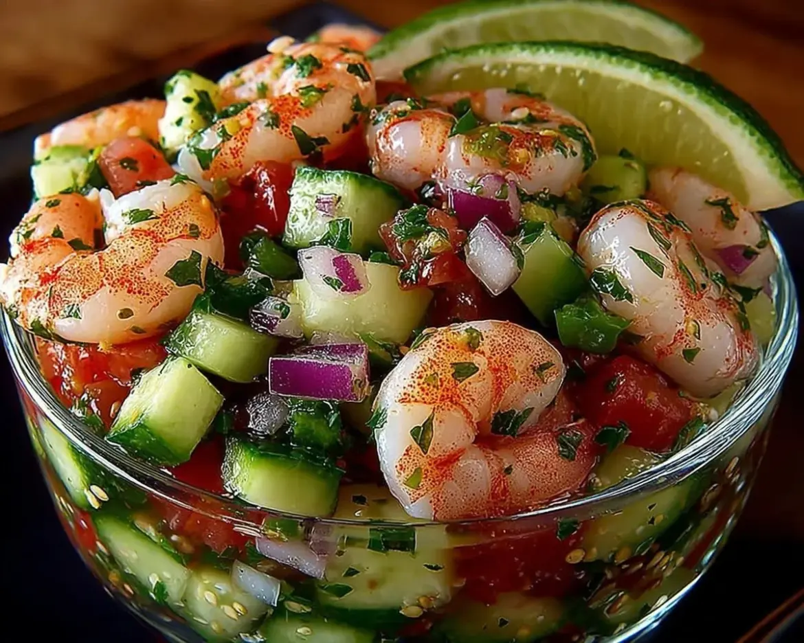 Delicious Mexican shrimp cocktail served in a glass with fresh ingredients