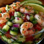 Delicious Mexican shrimp cocktail served in a glass with fresh ingredients