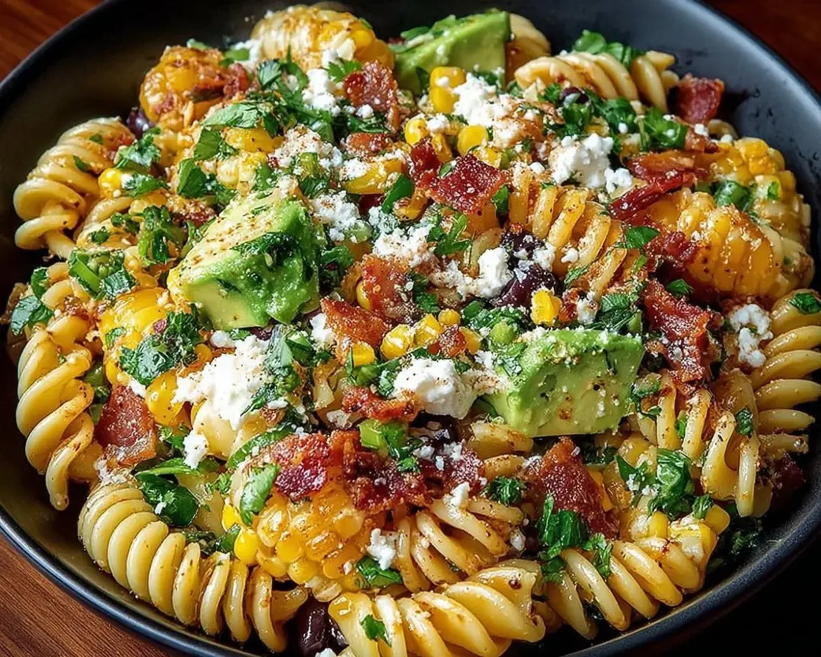 Bowl of colorful Mexican street corn pasta salad with fresh ingredients