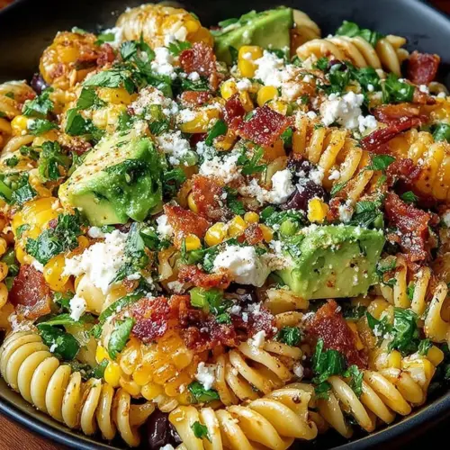 Bowl of colorful Mexican street corn pasta salad with fresh ingredients
