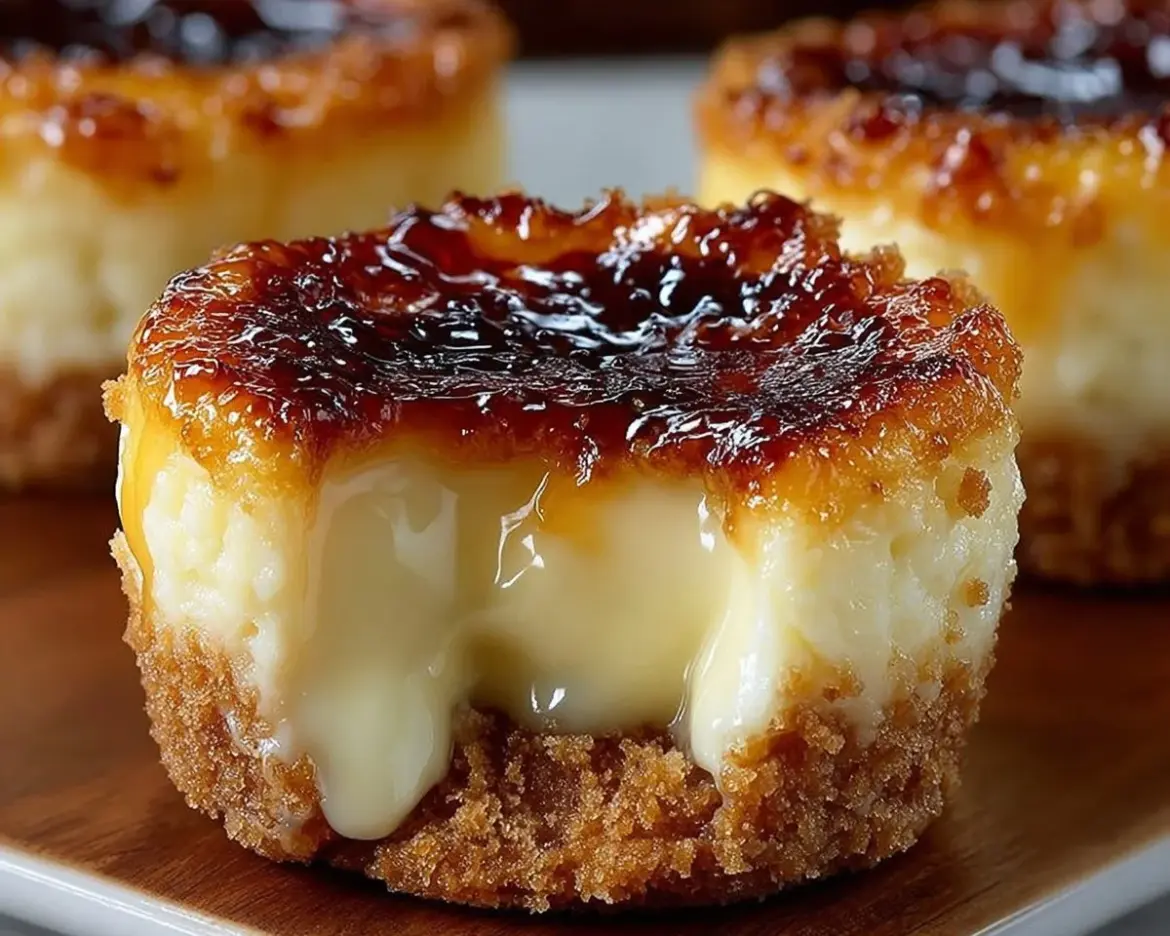 Mini crème brûlée cheesecakes with caramelized sugar topping on a dessert plate