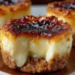 Mini crème brûlée cheesecakes with caramelized sugar topping on a dessert plate