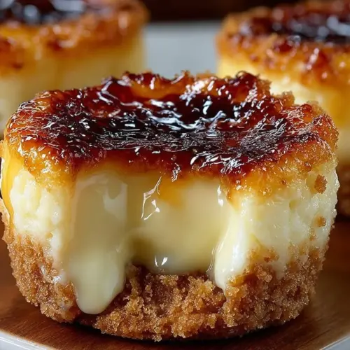 Mini crème brûlée cheesecakes with caramelized sugar topping on a dessert plate