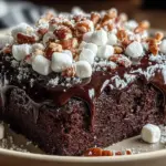 Delicious slice of Mississippi Mud Cake drizzled with chocolate sauce.