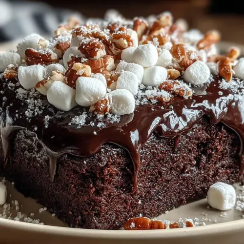Delicious slice of Mississippi Mud Cake drizzled with chocolate sauce.