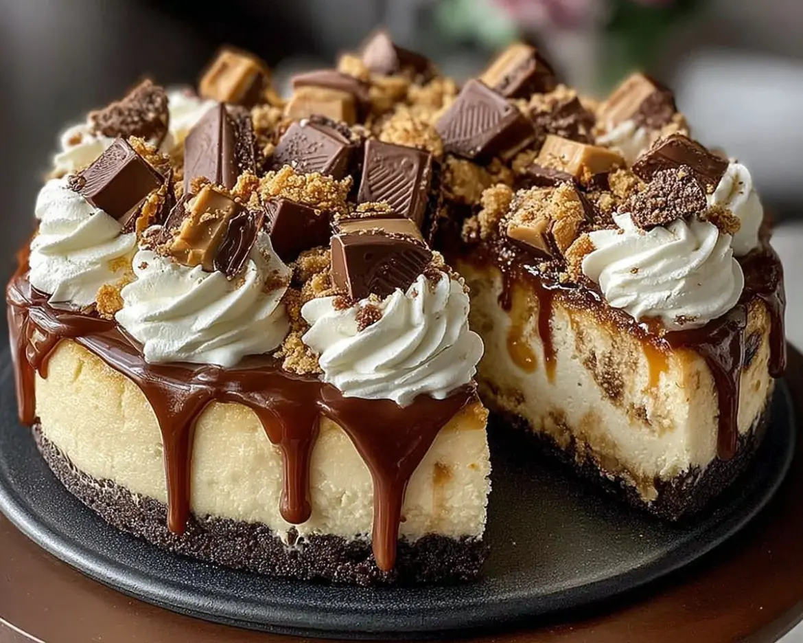 Delicious Reese's Peanut Butter Cup Cheesecake slice on a plate