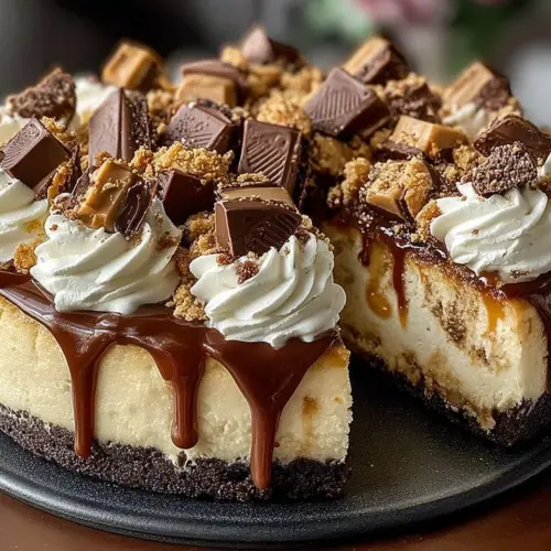 Delicious Reese's Peanut Butter Cup Cheesecake slice on a plate