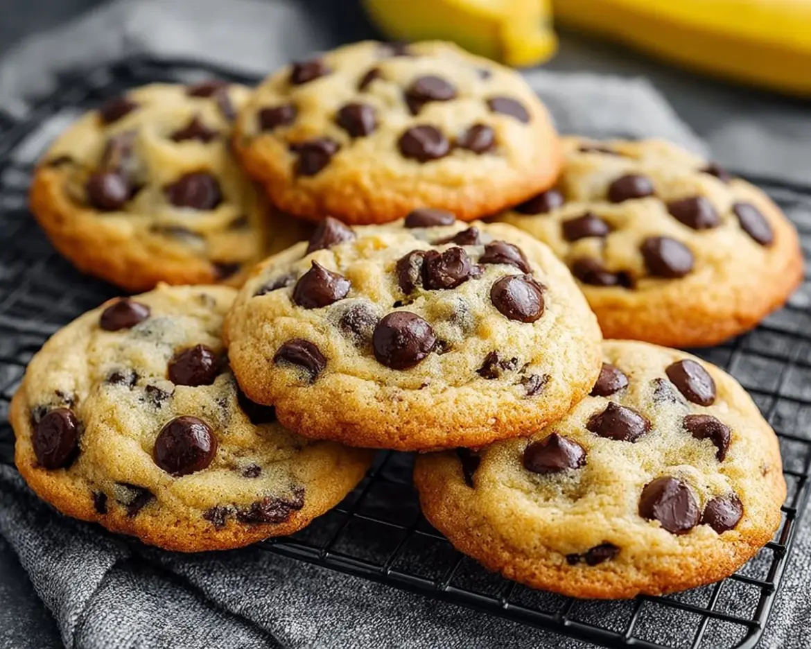 Freshly baked banana chocolate chip cookies on a cooling rack