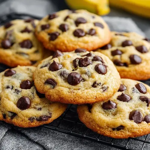 Freshly baked banana chocolate chip cookies on a cooling rack