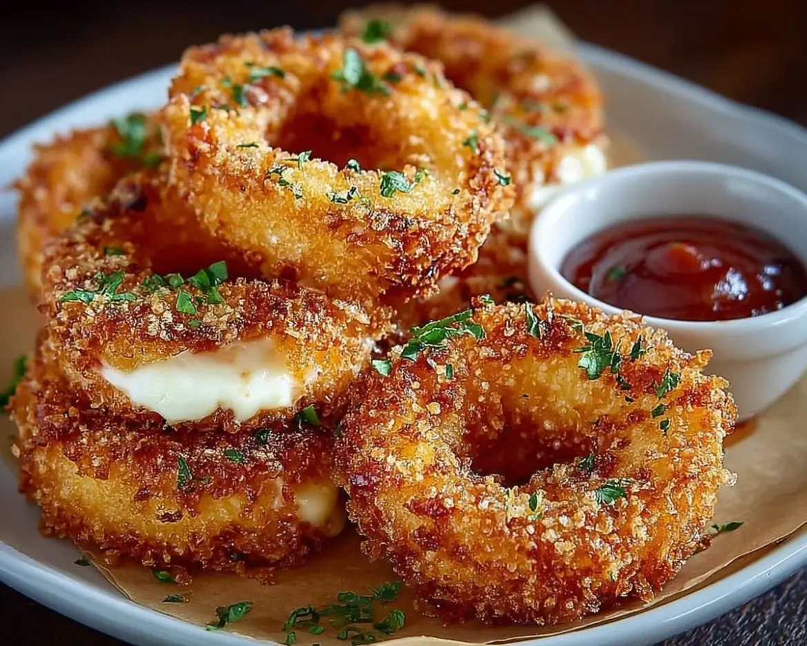 Mozzarella stick onion rings showcasing crispy texture and gooey cheese
