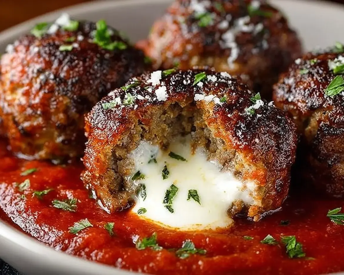 Mozzarella stuffed meatballs cooked in a slow cooker for a savory meal